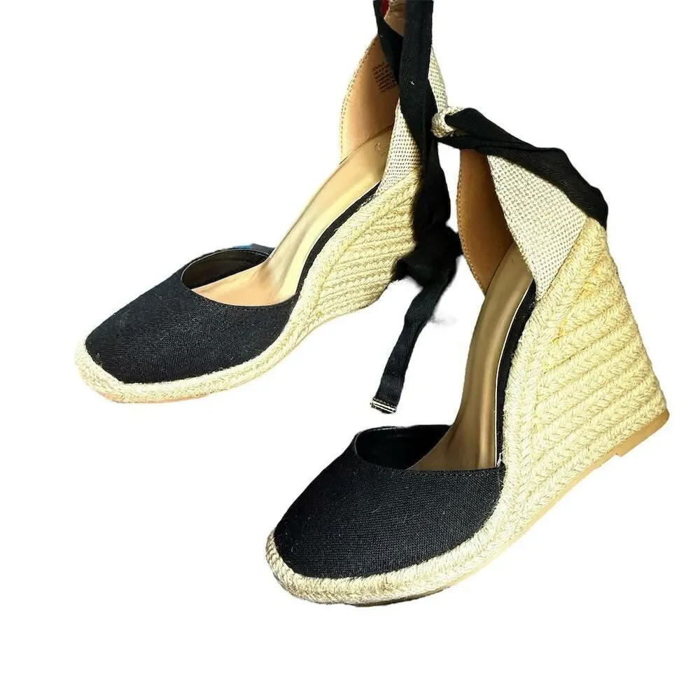 JustFab Women's Black Espadrille Wedge Sandals Size 9.5 Ankle Tie